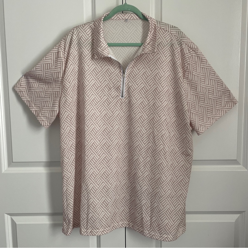 Vintage Style Geometric Matching Set Short Sleeve Zip Polo Shirt Elastic Waist